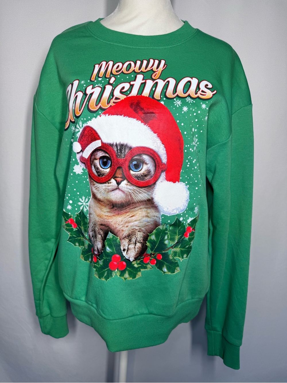 ❤️3/$30IML Meowy Christmas Cat Sweatshirt Women Musical Sound Ugly Holiday - S